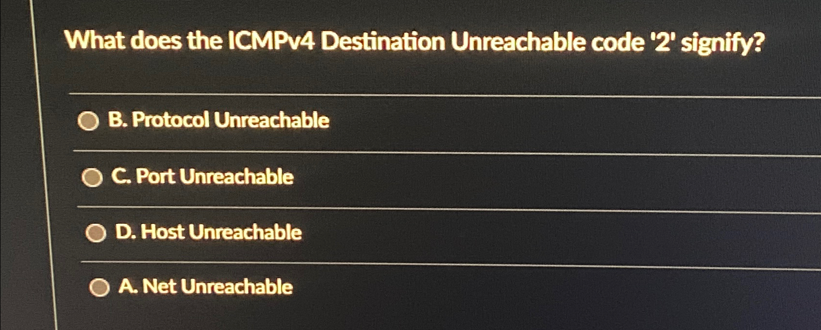  What does the ICMPv4 Destination Unreachable code '2' signify? B. Protocol