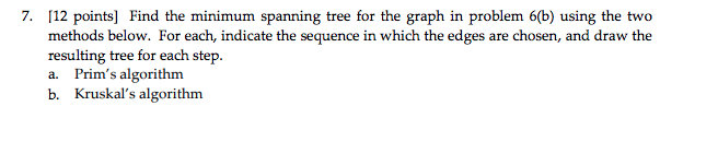 MINIMUM SPANNING TREE GRAPH NEEDED: 7. 112 points] Find the minimum spanning