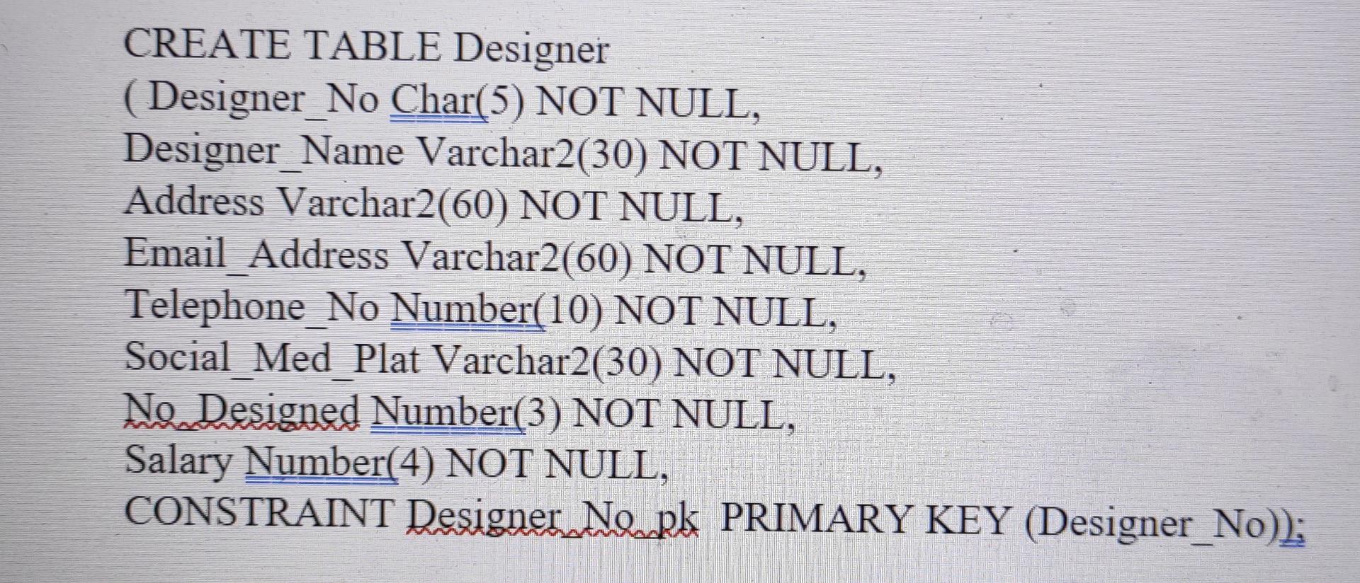 . CREATE TABLE Customer (Customer_No Char(5) NOT NULL, Customer_Name Varchar2(30) NOT NULL,