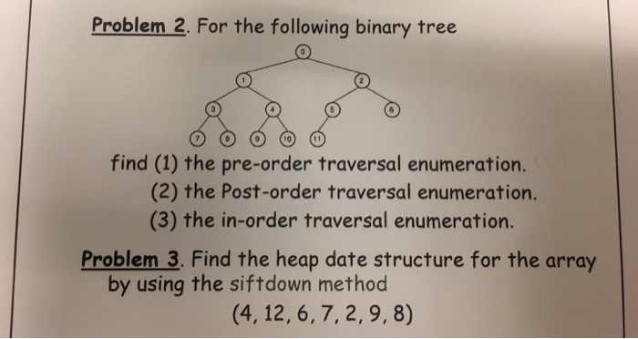  Problem 2. For the following binary tree 10 find (1) the