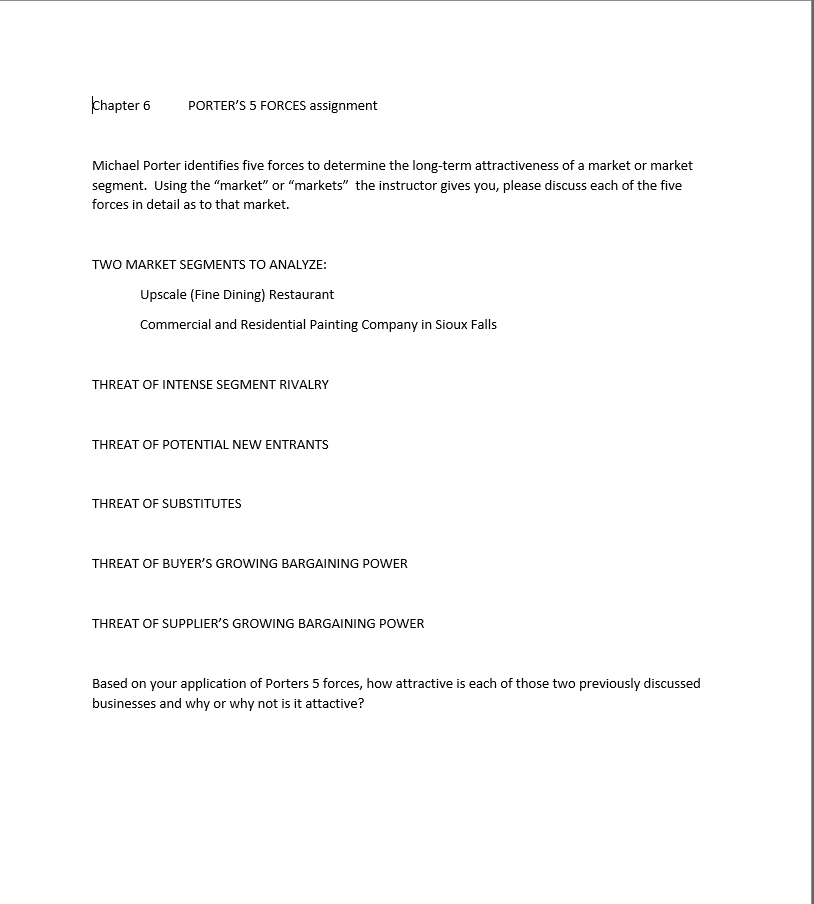  Khapter 6 PORTER'S 5 FORCES assignment Michael Porter identifies five forces