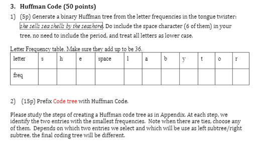 3. Huffman Code (50 points) 1) (5p) Generate a binary Huffman