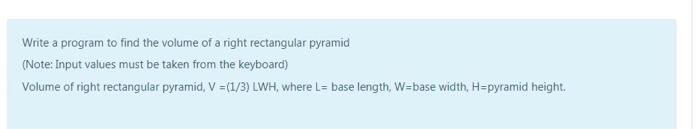 please use C programing language Write a program to find the volume