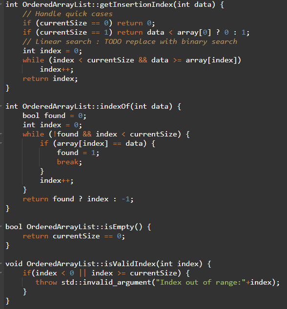 should be implemented by calling methods from the OrderedArrayList.cpp (provided below). Priority