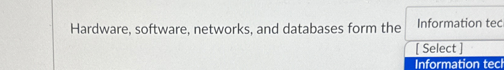  Hardware, software, networks, and databases form the Information tec [ Select