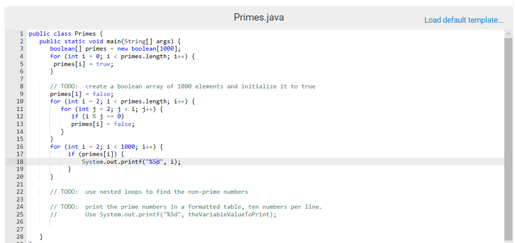 What should I do to get the correct format Primes.java Load default