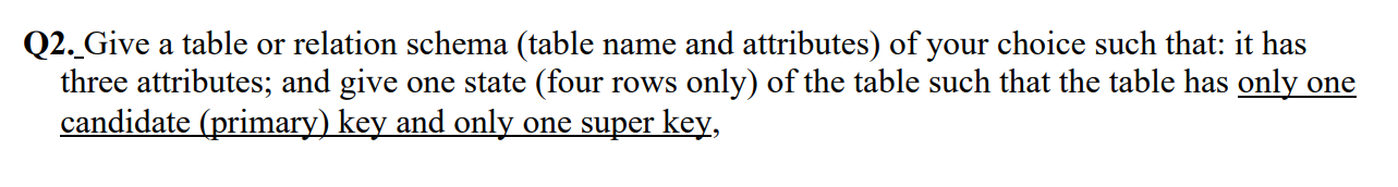 Q2. Give a table or relation schema (table name and attributes)