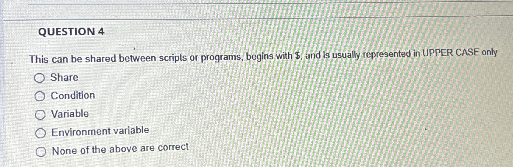  QUESTION 4 This can be shared between scripts or programs, begins