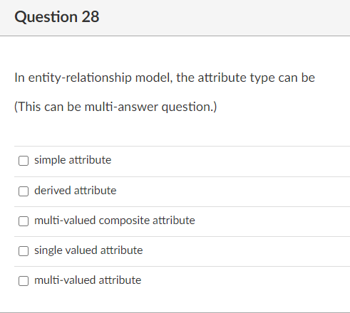  Question 28 In entity-relationship model, the attribute type can be (This