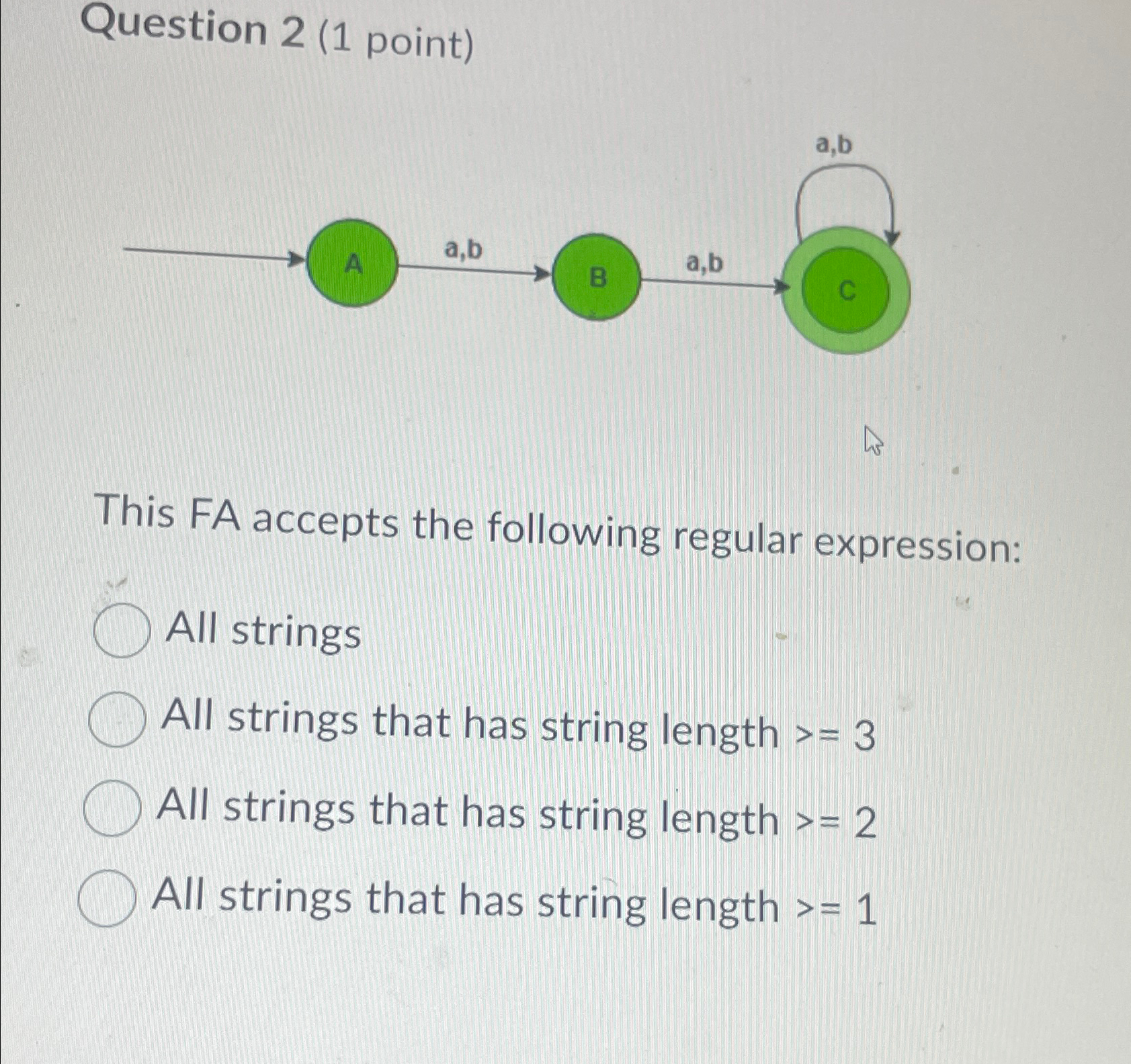  Question 2(1 point) This FA accepts the following regular expression: All