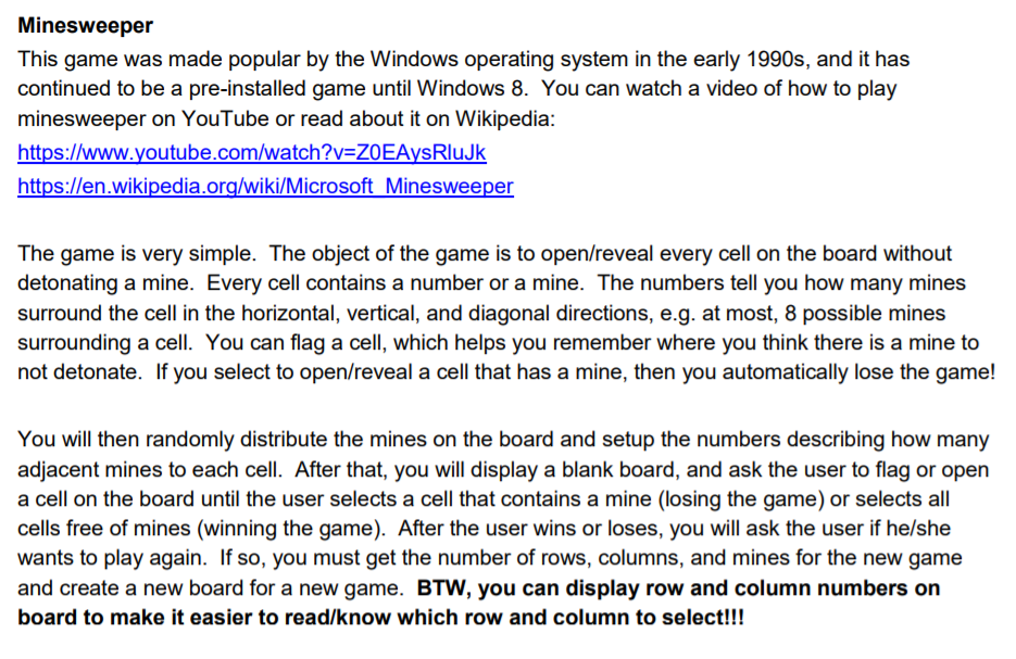 I need help with writing a C++ minesweeper program according to the