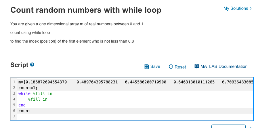  MATLAB Count random numbers with while loop My Solutions > You
