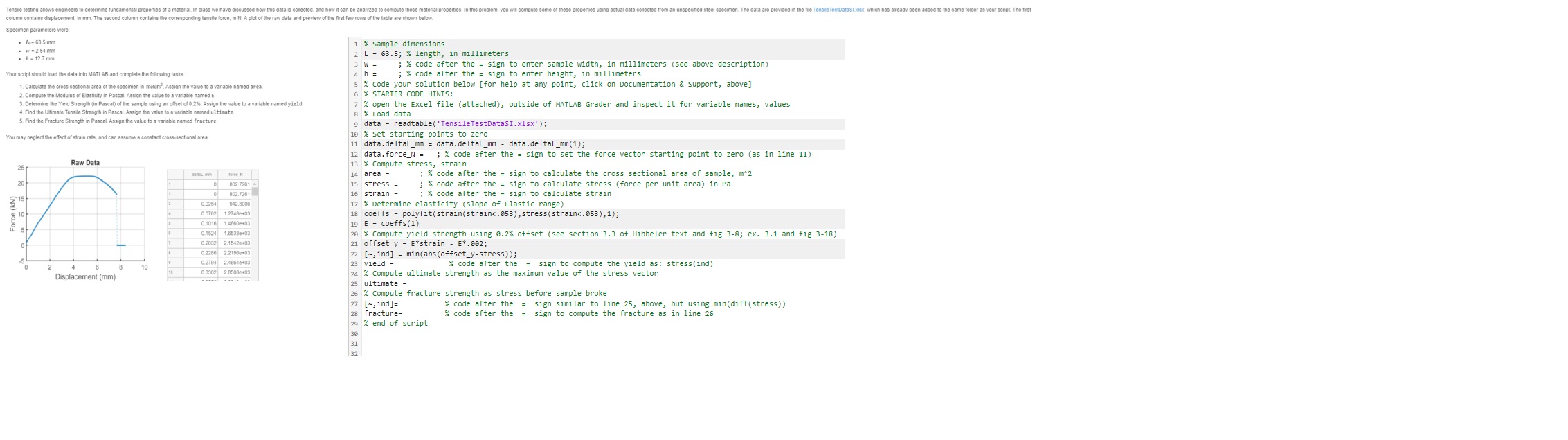  Specimen parameters were : L4=63.5mm :w=2.54mm : h=12.7mm Your script should