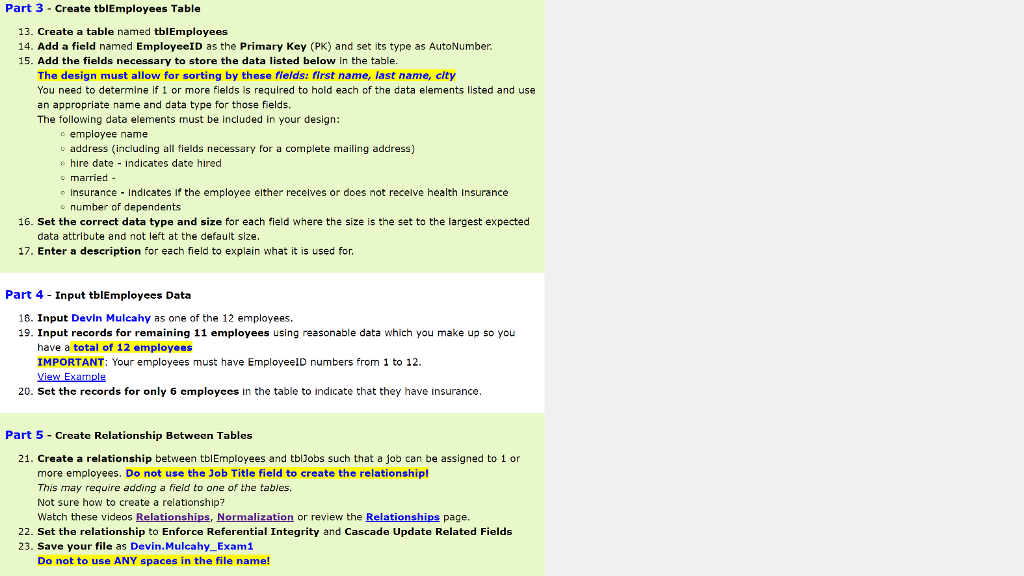  Part 3 - Create tblEmployees Table 13. Create a table named