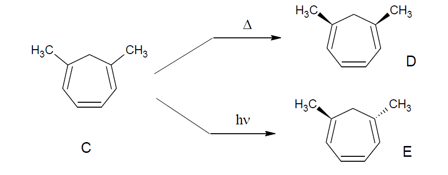 1,3,5, -Cycloheptatriene (C) can undergo two different electrocyclic ring closures as