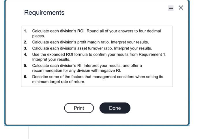 Requirement 1. Calculate each division's ROI. Round all of your answers to