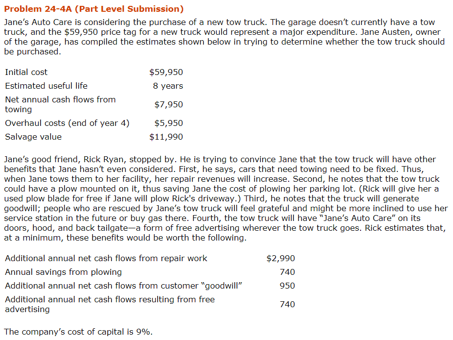  Problem 24-4A (Part Level Submission) Jane's Auto Care is considering the