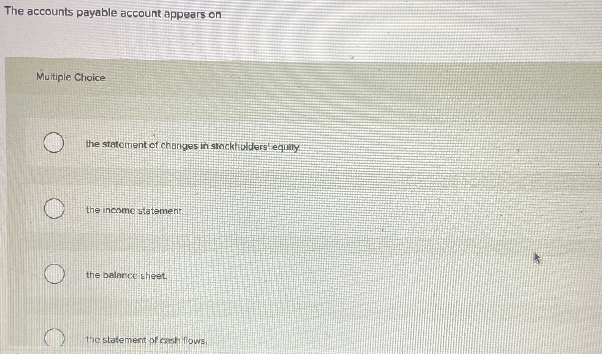  The accounts payable account appears on Multiple Choice the statement of