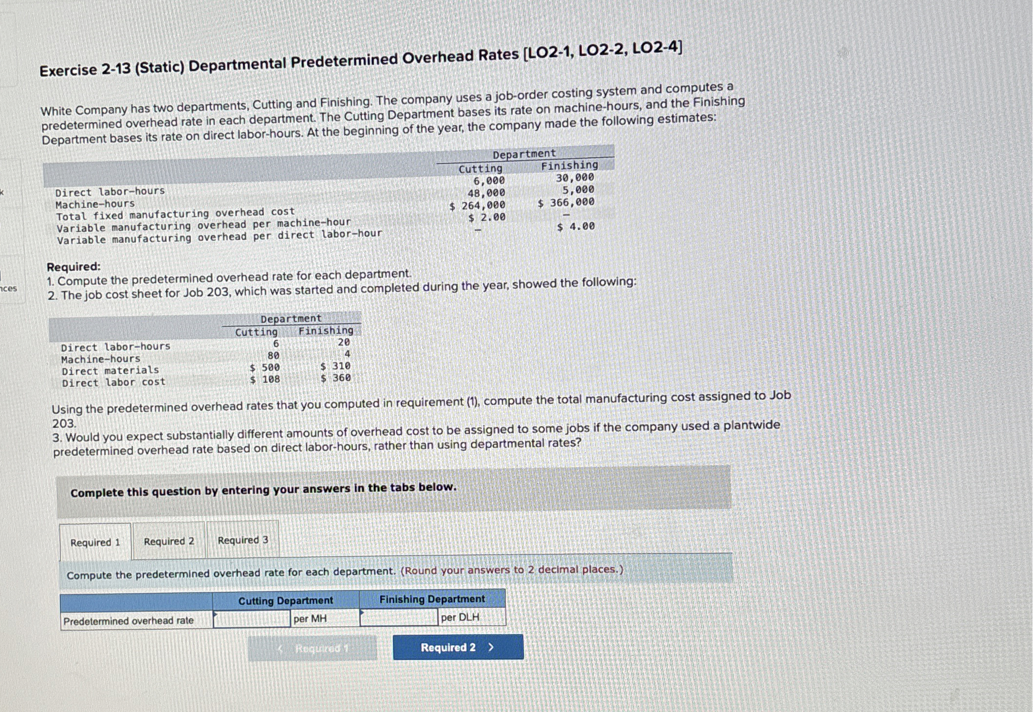  Exercise 2-13(Static) Departmental Predetermined Overhead Rates [LO2-1, LO2-2, LO2-4] White Company