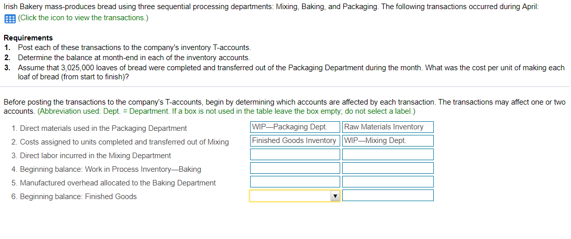  Irish Bakery mass-produces bread using three sequential processing departments: Mixing, Baking,