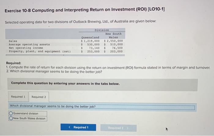 operating data for two divisions of Outback Brewing, Ltd., of Australia are