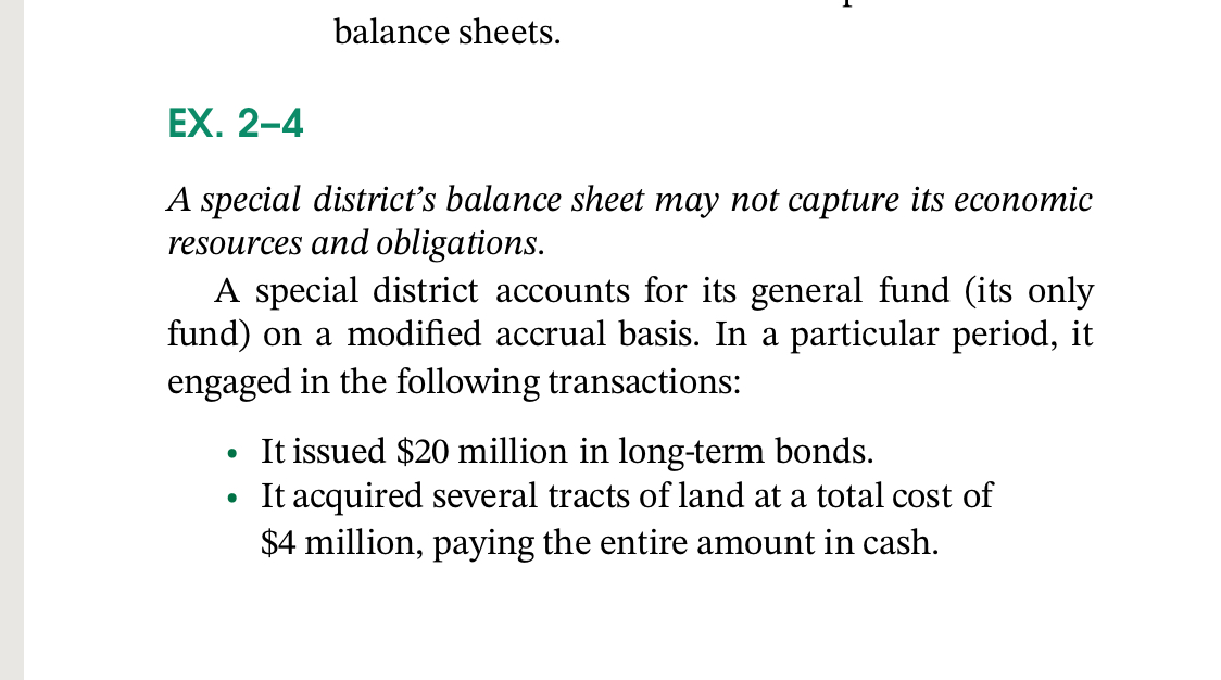  balance sheets. EX.2-4 A special district's balance sheet may not capture