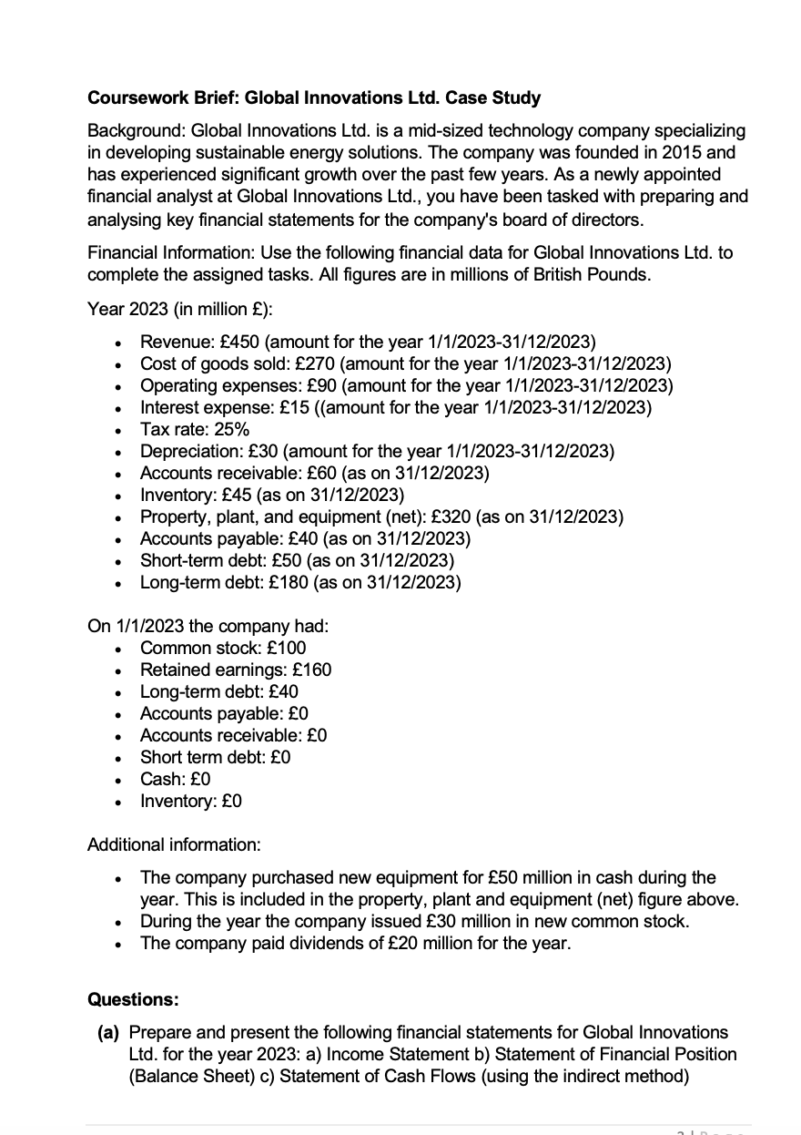  Coursework Brief: Global Innovations Ltd. Case Study Background: Global Innovations Ltd.