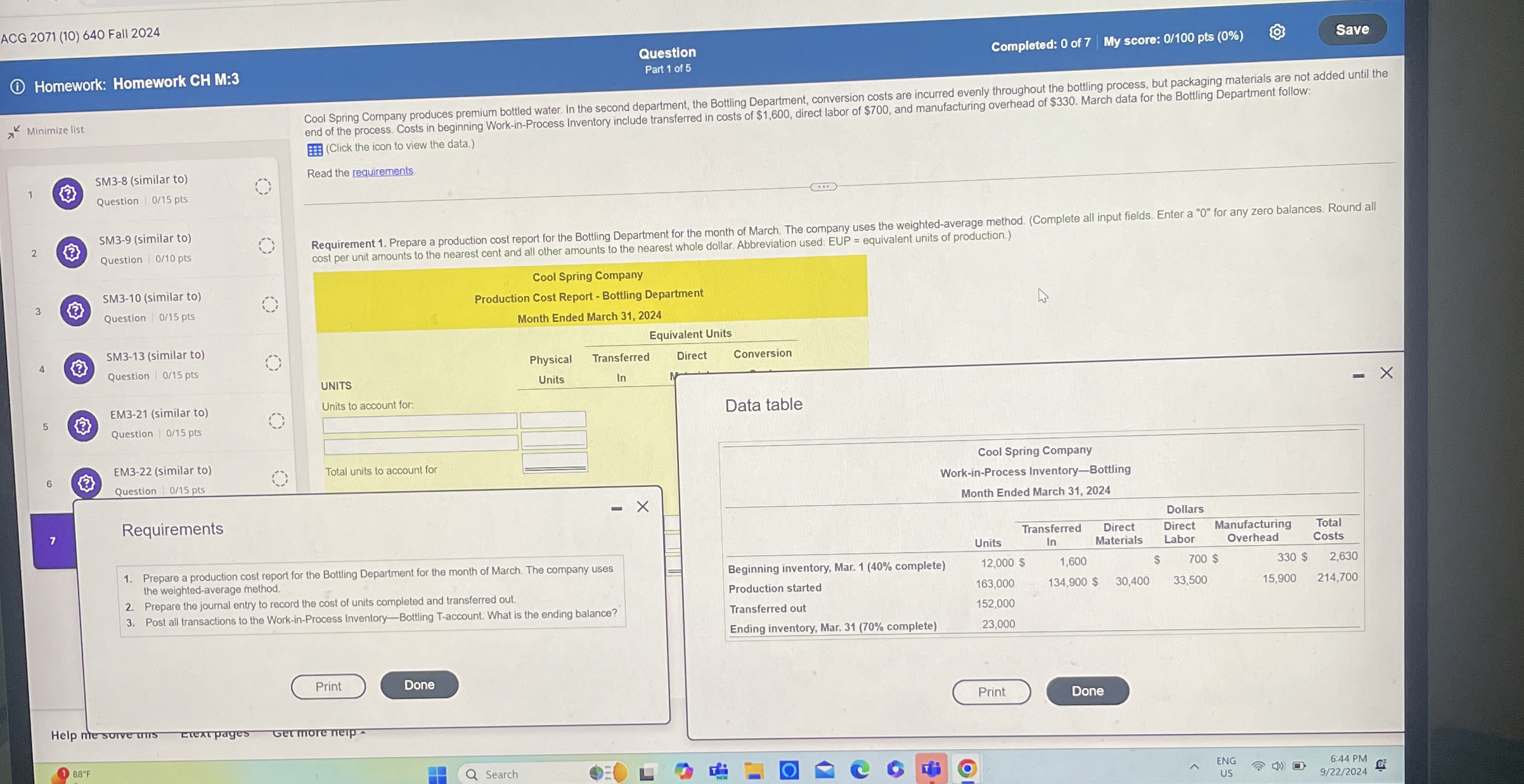  (1) Homework: Homework CH M:3 Cool Spring Company produces premium bottled