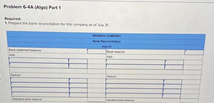 (Algo) Preparing a bank reconciliation and recording entries LO P3 [The following