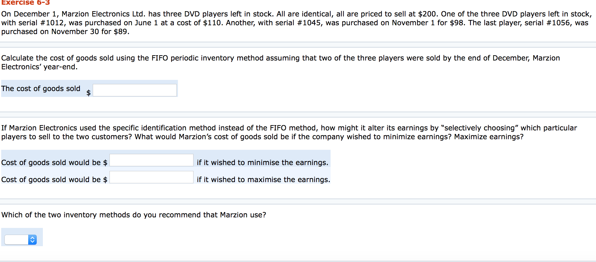  Exercise 6-3 On December 1, Marzion Electronics Ltd. has three DVD
