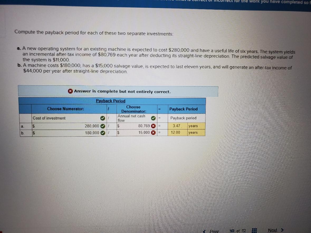  Tof the Work you have completed sof Compute the payback period