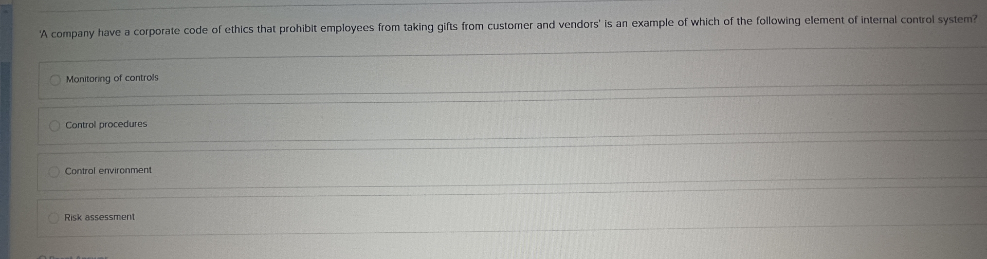  Monitoring of controls Control procedures Control environment Risk assessment 