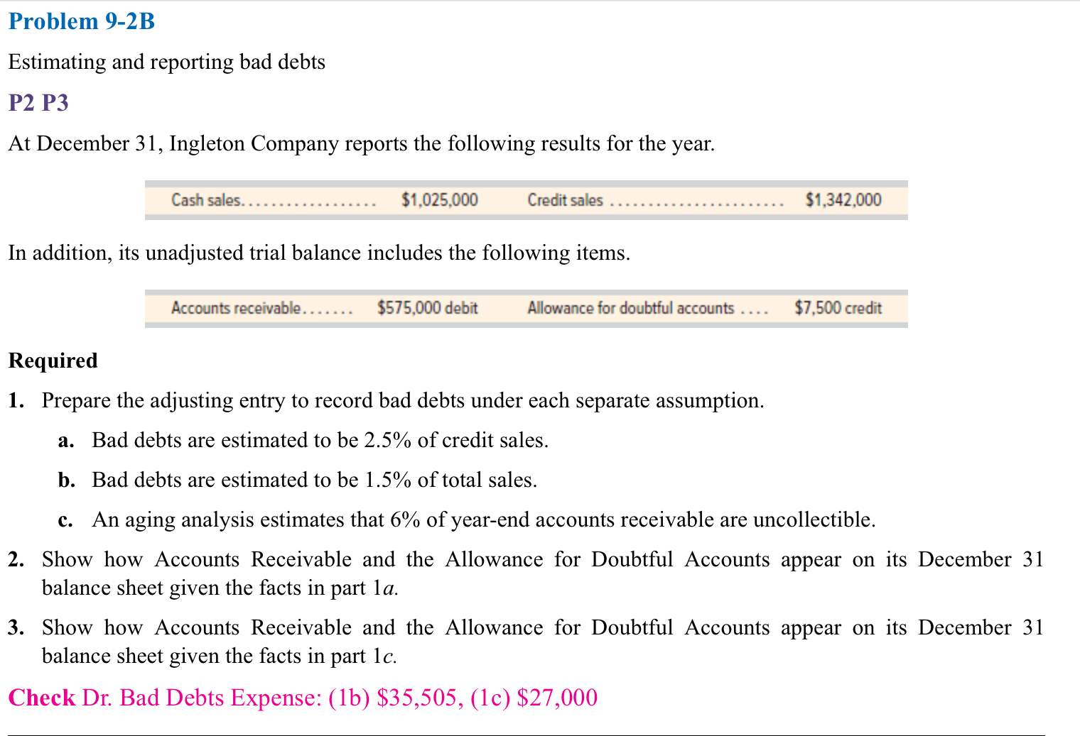  Problem 9-2B Estimating and reporting bad debts P2 P3 At December