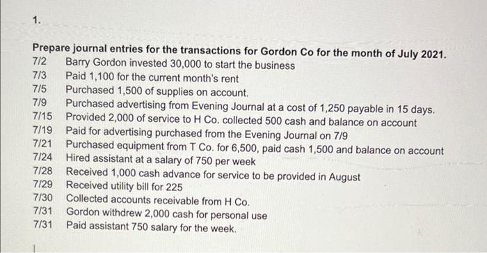 prepare journal entries. do it in excel. please answer correctly! 1. Prepare