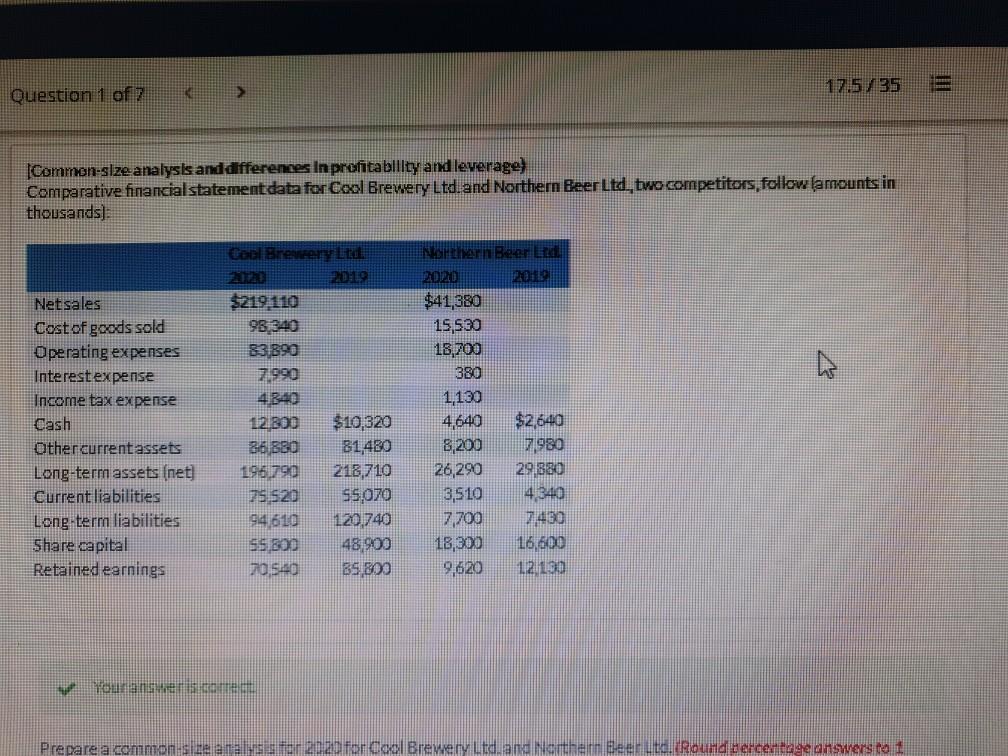  17.5/35 E > Question 1 of 7 Common-size analysis and differences