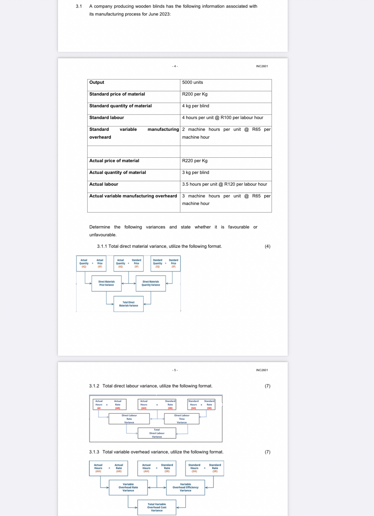  -4- INC2601 \table[[Output,5000 units],[Standard price of material,R200 per Kg],[Standard quantity of