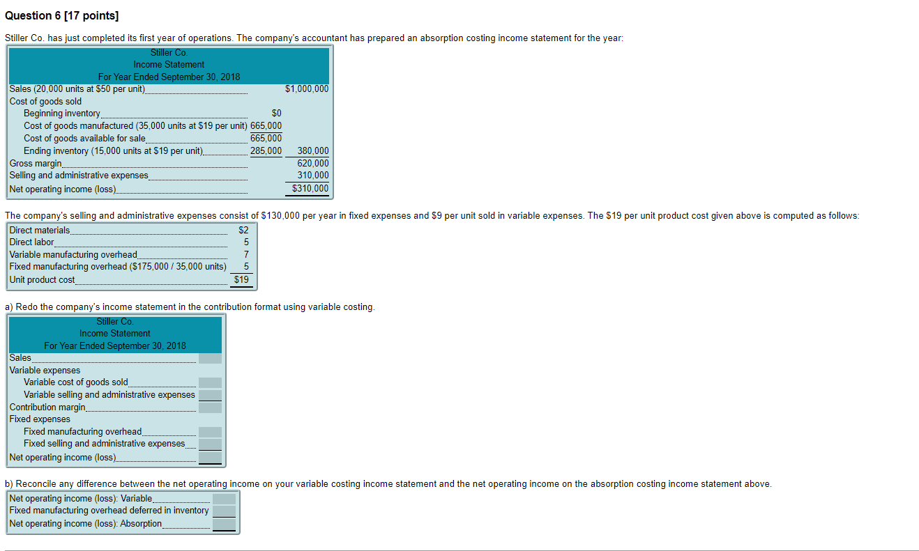  Question 6[17 points] Stiller Co. has just completed its first year