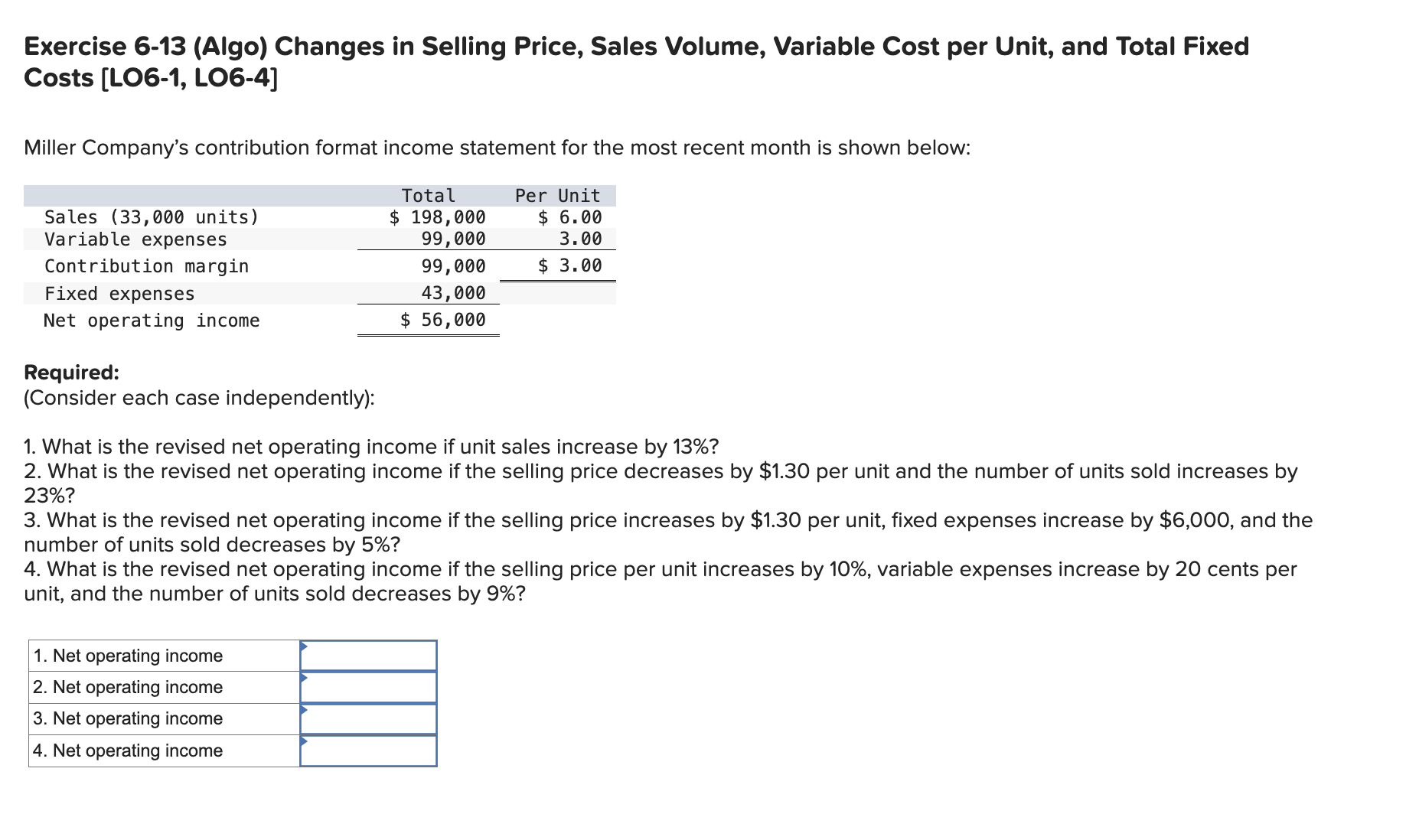  Exercise 6-13(Algo) Changes in Selling Price, Sales Volume, Variable Cost per