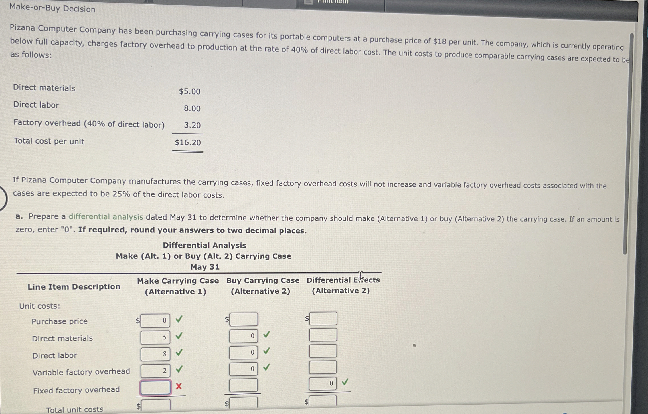  Make-or-Buy Decision Pizana Computer Company has been purchasing carrying cases for