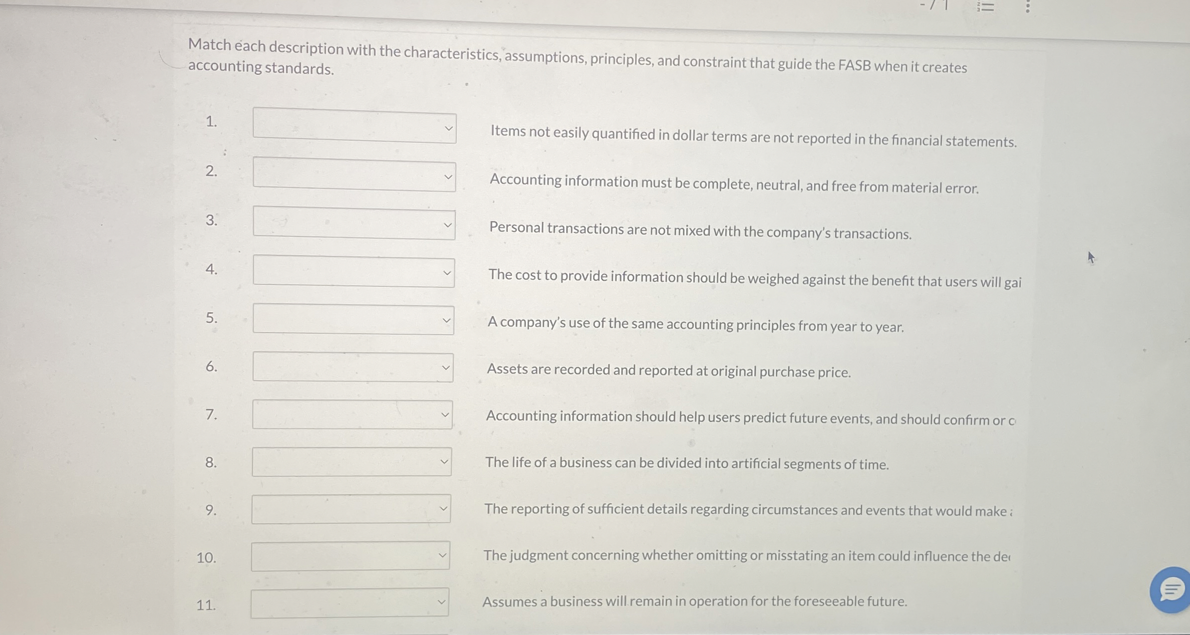 Match each description with the characteristics, assumptions, principles, and constraint that