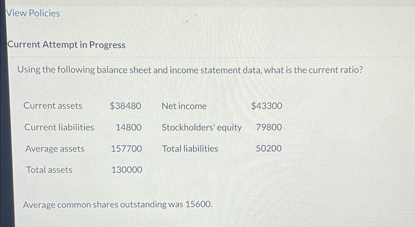  View Policies Current Attempt in Progress Using the following balance sheet