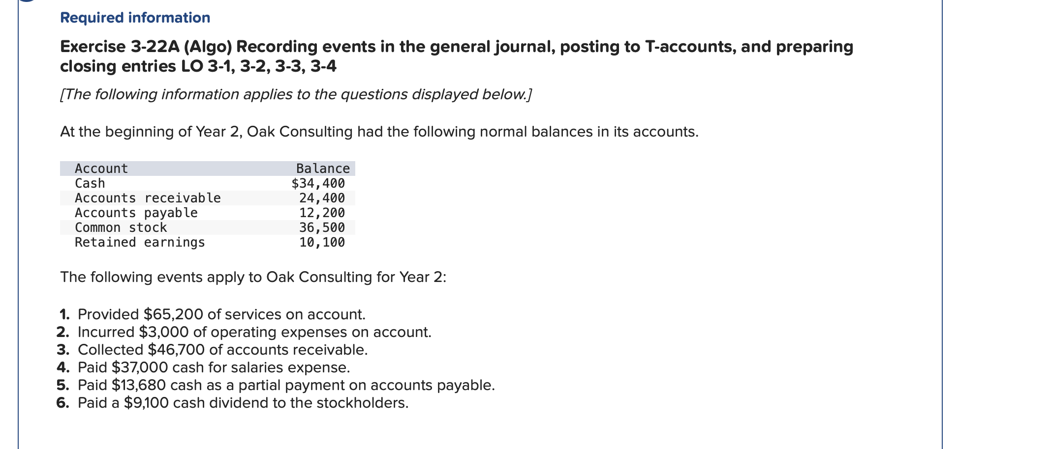 Required information Exercise 3-22A (Algo) Recording events in the general journal,