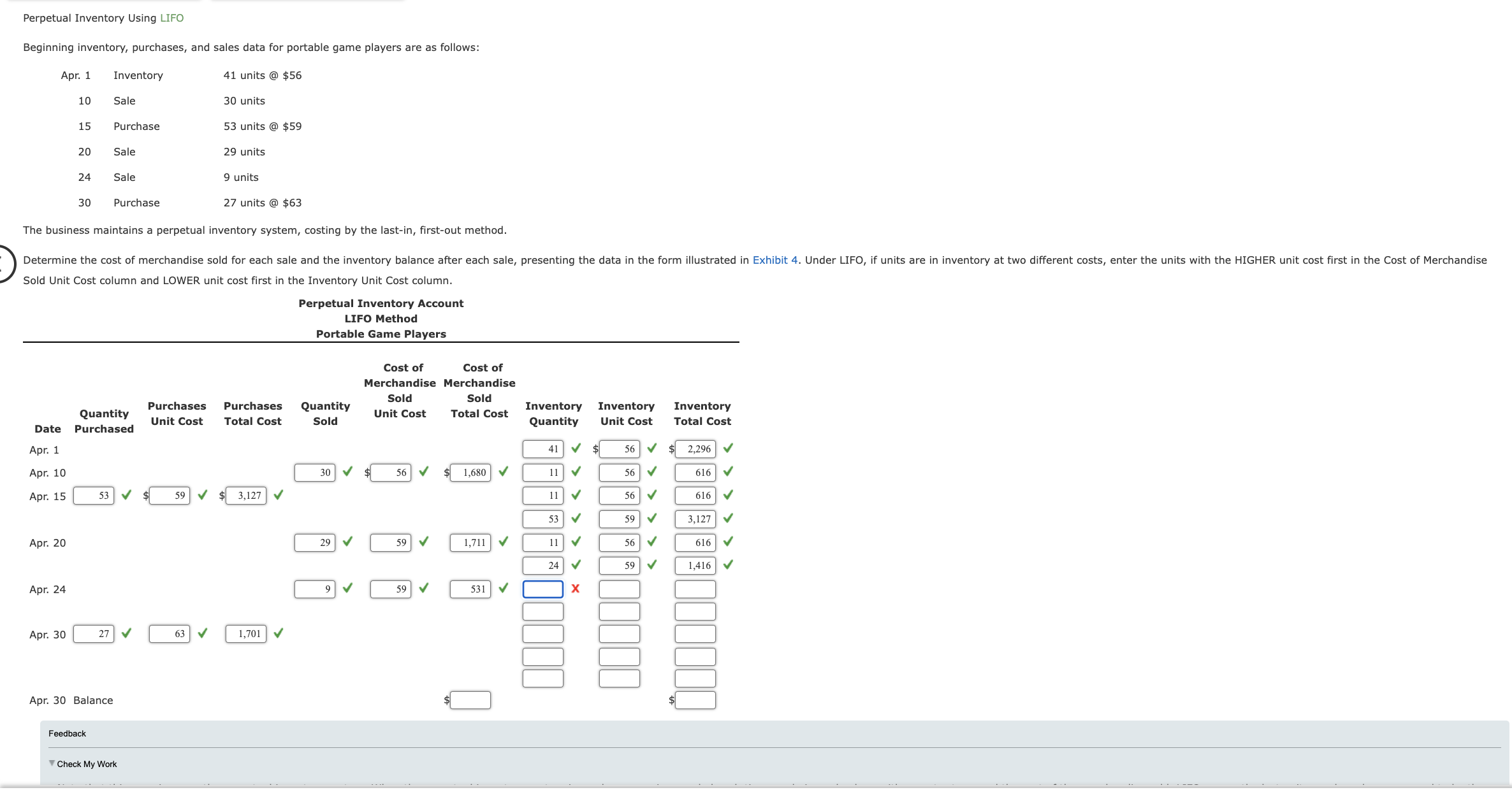 Perpetual Inventory Using LIFO Beginning inventory, purchases, and sales data for