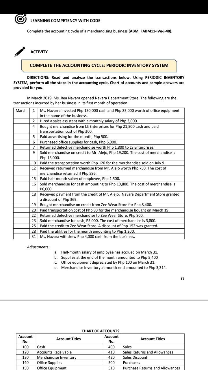 LEARNING COMPETENCY WITH CODE Complete the accounting cycle of a merchandising