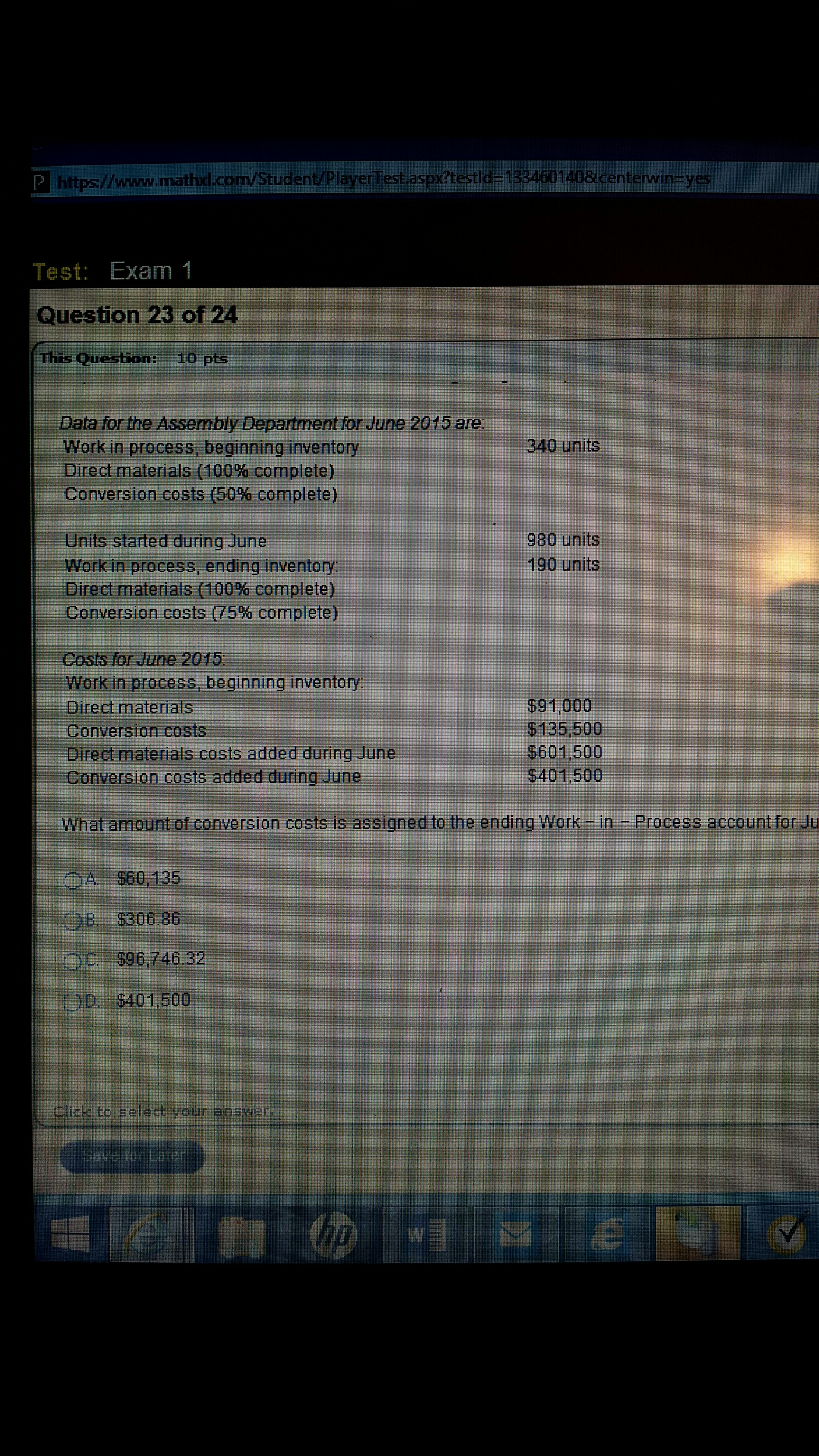  Data for the Assembly Department for june 2015 are work in