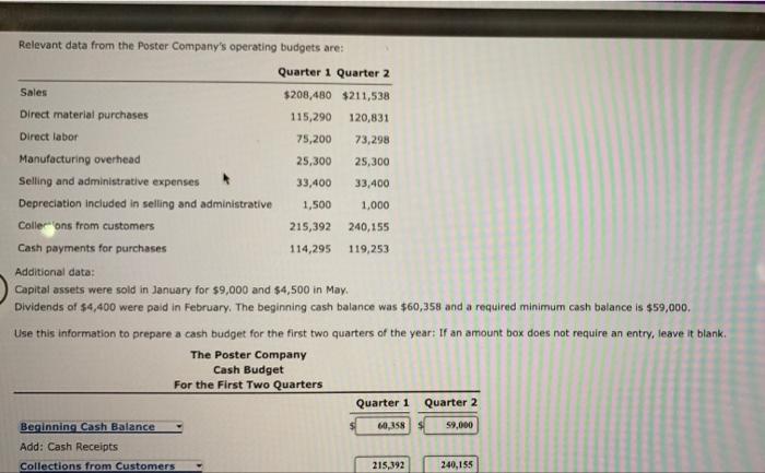  Relevant data from the Poster Company's operating budgets are: Quarter 1