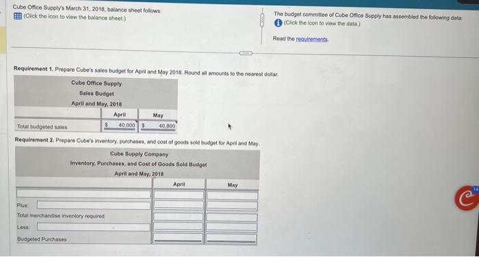 please solve! Cube Offlce Supply's March 31, 2018, balance sheet follows: (Click