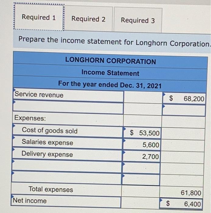 Problem 1-3A Prepare financial statements (L01-3) Longhorn Corporation provides low-cost food delivery