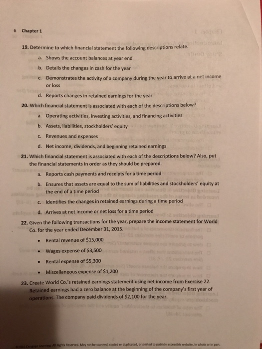  6 Chapter 1 19. Determine to which financial statement the following