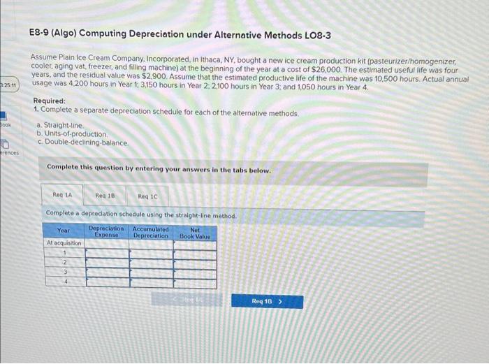  E8-9 (Algo) Computing Depreciation under Alternative Methods LO8-3 Assume Plain ice